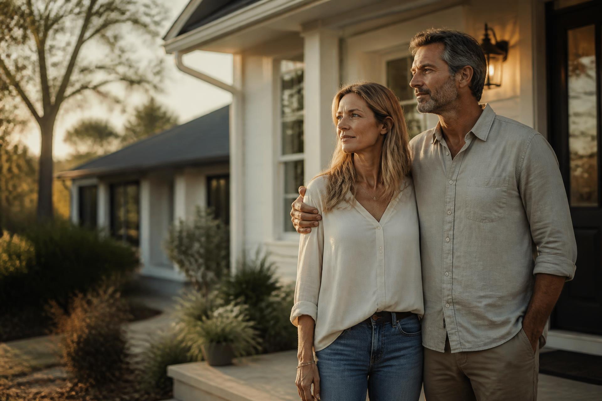 A homeowner couple standing together outside their home at golden hour